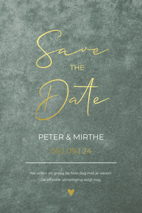 Save the date kaart - groene velvet look & goudfolie