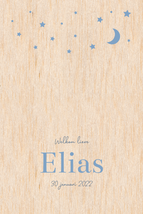 Geboortekaartje jongen op hout met blauwe maan en sterrenhemel