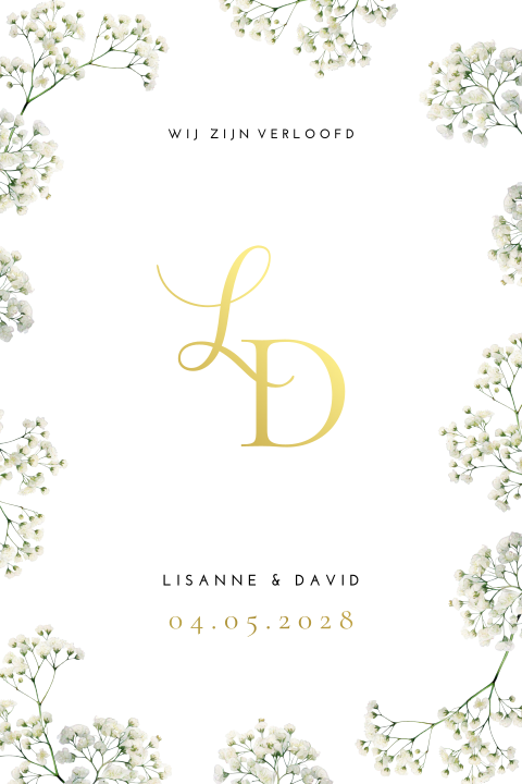 Verlovingskaart gipskruid bloemen goudfolie Ivory Blossoms 