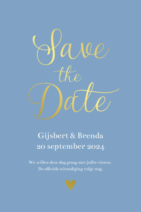 Save the Date kaart korenblauw met goudfolie letters