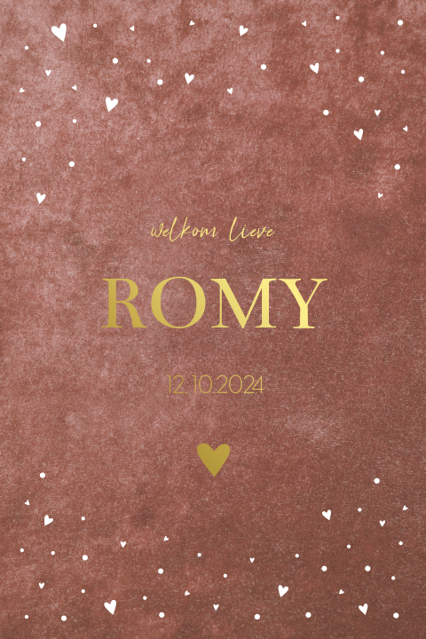 Geboortekaartje meisje velvet look achtergrond hartjes goudfolie