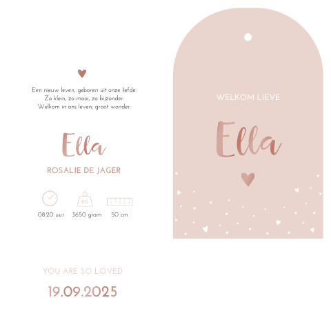 Geboortekaartje labelkaart meisje oudroze hoogglans lak & hartjes