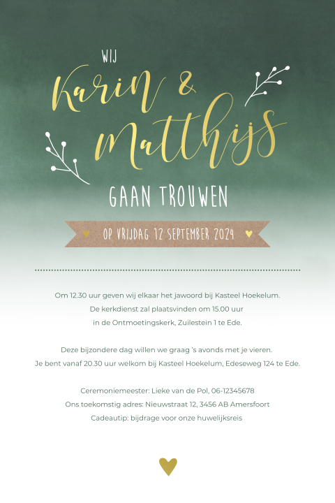 Trouwkaart watercolor donkergroen met goudfolie