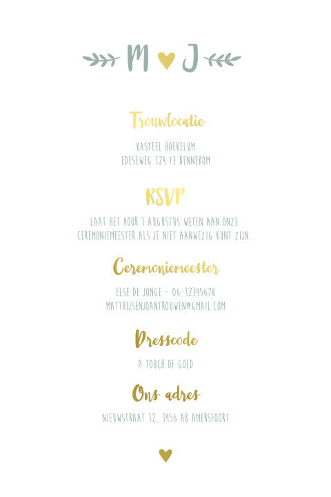 Pocketfold trouwkaart inlegkaart goudfolie stipjes modern