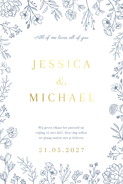 Trouwkaart bloemen blauw goudfolie