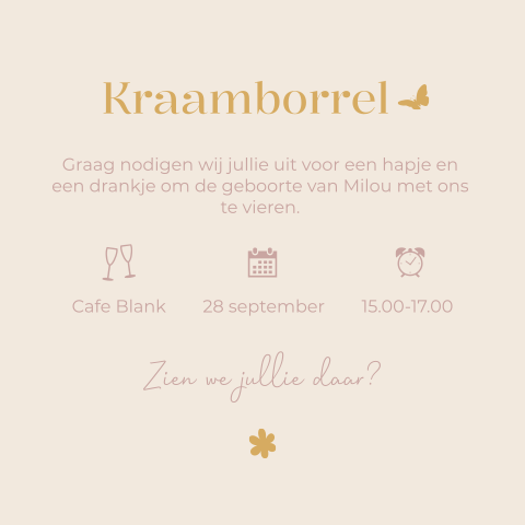 Kraamfeest uitnodiging kraamborrel Milou crème vlinder bloem