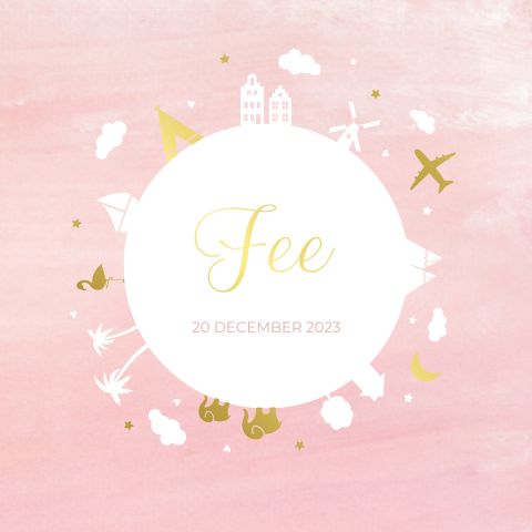 Geboortekaartje meisje met wereldbol en goudfolie