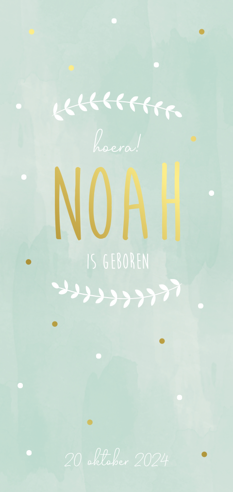 Geboortekaartje jongen watercolor mintgroen goudfolie & stipjes