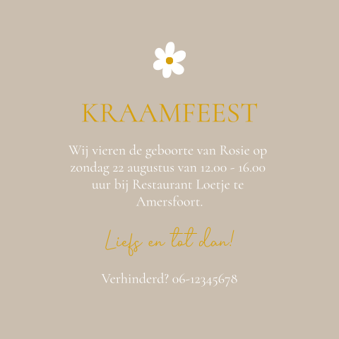 Kraamfeest uitnodiging Rosie bruin bloem