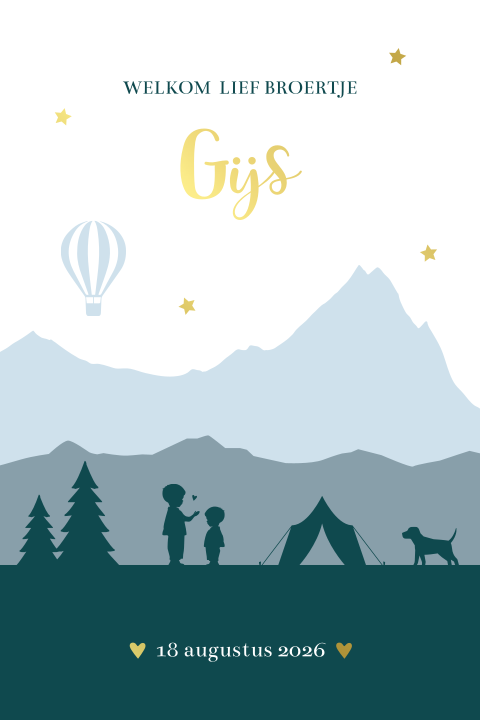 Geboortekaartje jongen bergen kamperen blauw sterren goudfolie