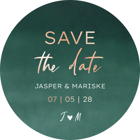 Save the date kaart stans vorm rond donkergroen rosefolie