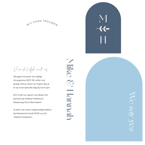 Trouwkaart labelkaart boogvorm blauw klassiek