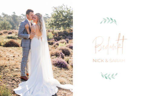 Bedankkaart bruiloft romantisch takje rosefolie