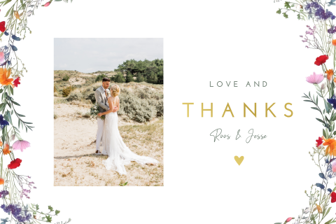 Bedankkaart bruiloft goudfolie foto wildflower love