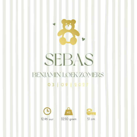 Geboorteposter jongen streepjes beertje - Sebas