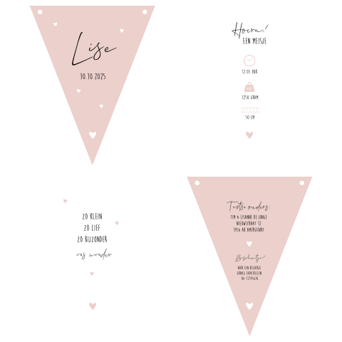 Geboortekaartje vlaggetjes meisje roze met hartjes