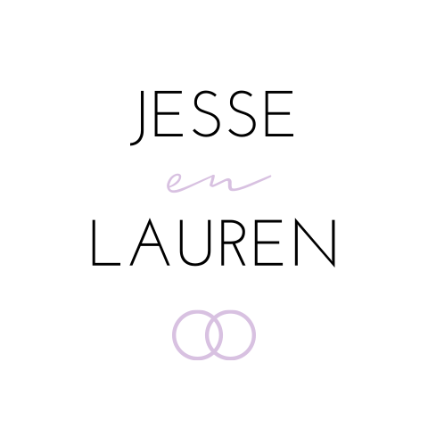 Sluitsticker trouwkaart wit Jesse & Lauren modern paars ringen