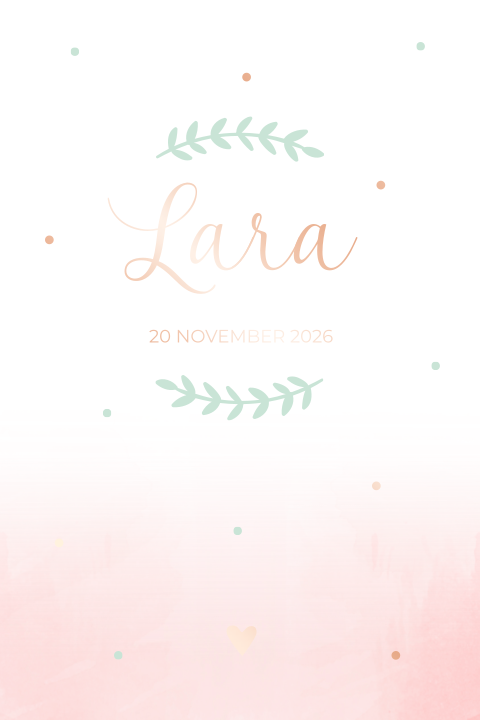 Geboortekaartje meisje watercolor roze rosefolie takjes stippen