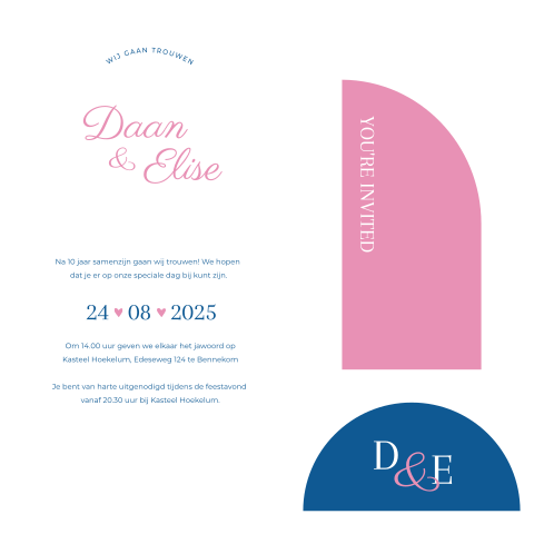 trouwkaart stapelkaart boogvorm modern roze blauw