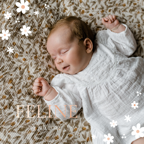 Geboortekaartje meisje met foto, bloemen en rosefolie