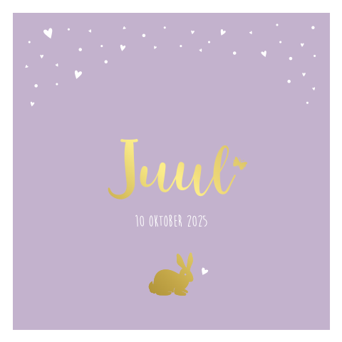 Geboortekaartje meisje lila hartjes konijn goudfolie