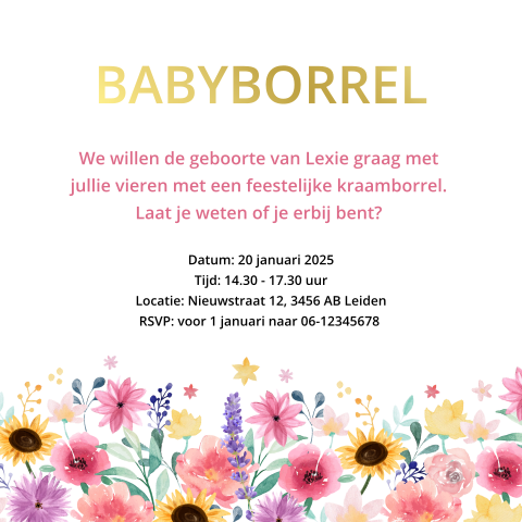 Kraamfeest kraamborrel uitnodiging geboorte goudfolie bloemen