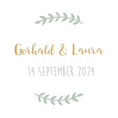 Sluitsticker trouwkaart wit Gerhald & Laura eucalyptus takjes