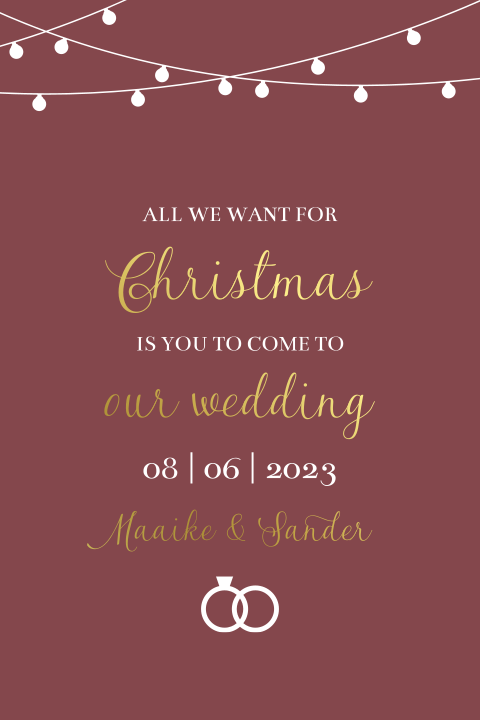 Save the date kerstkaart bordeaux rood met lampjes en goudfolie