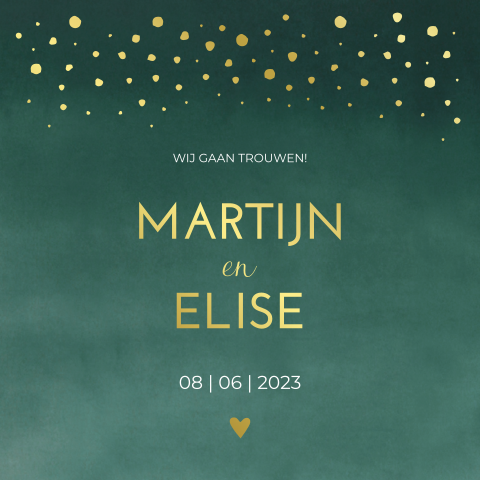 Trouwkaart donkergroen watercolor goudfolie spetters