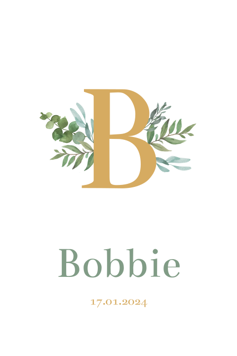 Tuinbord geboortekaartje Bobbie wit letter
