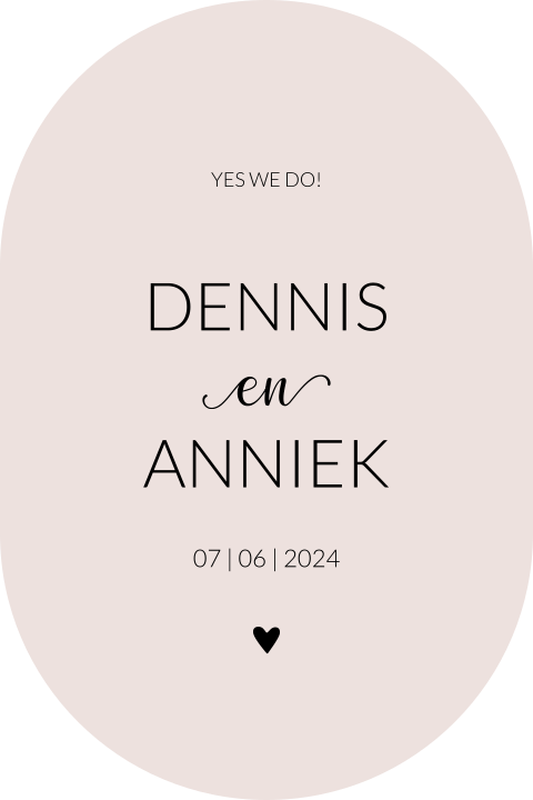 Trouwkaart vorm ovaal lichtroze met zwarte letters