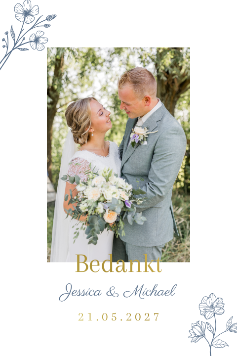 Bedankkaart bruiloft blauw goudfolie foto Elegant Bloom