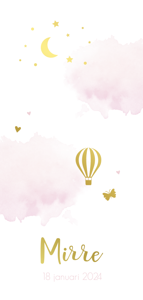 Geboortekaartje meisje watercolor wolk, ballon, vlinder & sterren