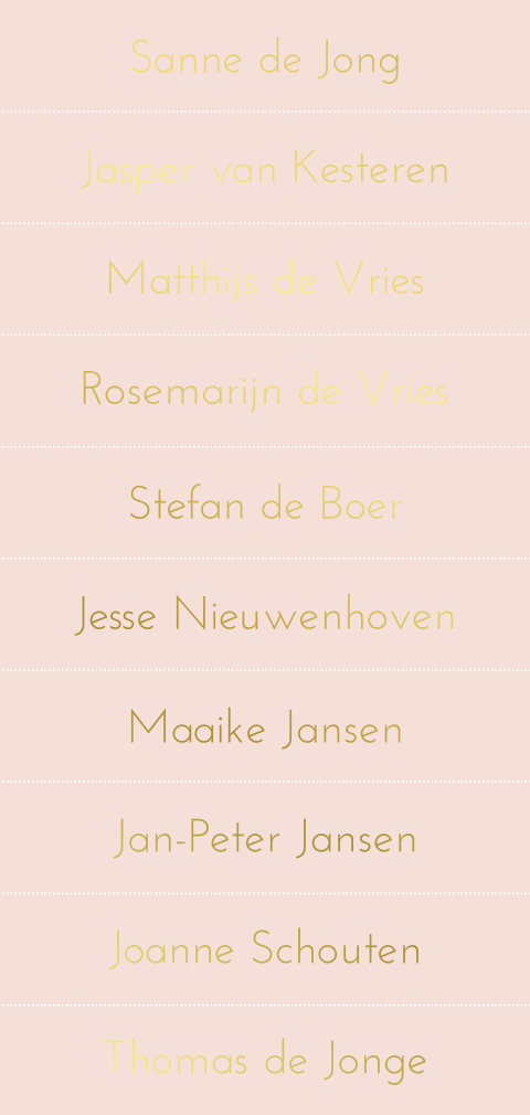 Naamkaartjes lichtroze met goudfolie voor tafelschikking