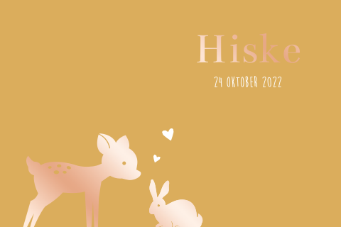 Geboortekaartje meisje okergeel met hertje, konijn en rosefolie