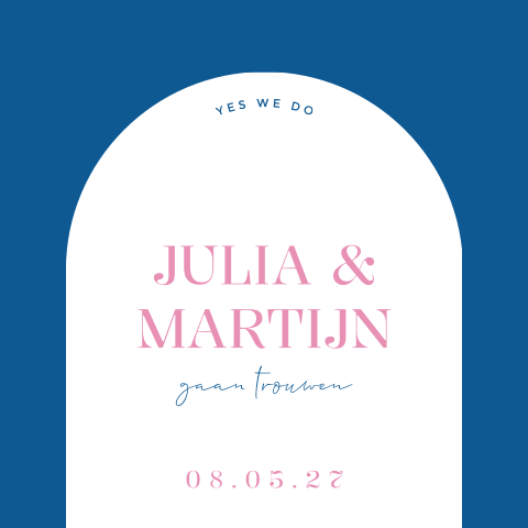 Trouwkaart kleurrijk modern boog blauw roze