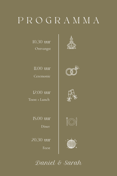 Trouwkaart dagprogramma tijdlijn olijfgroen