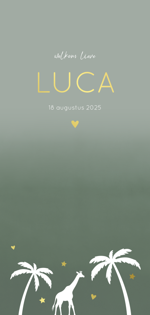 Geboortekaartje jongen jungle met giraffe, palmbomen en goudfolie