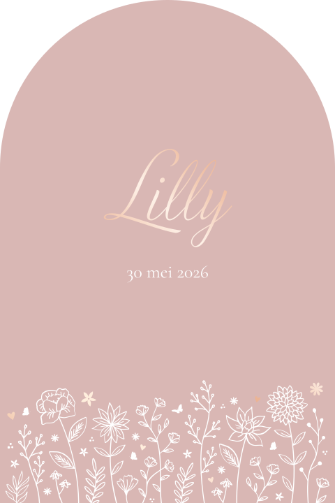 Geboortekaartje meisje boogvorm oudroze met bloemen en rosefolie