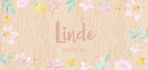 Vrolijk geboortekaartje meisje watercolor bloemen hout