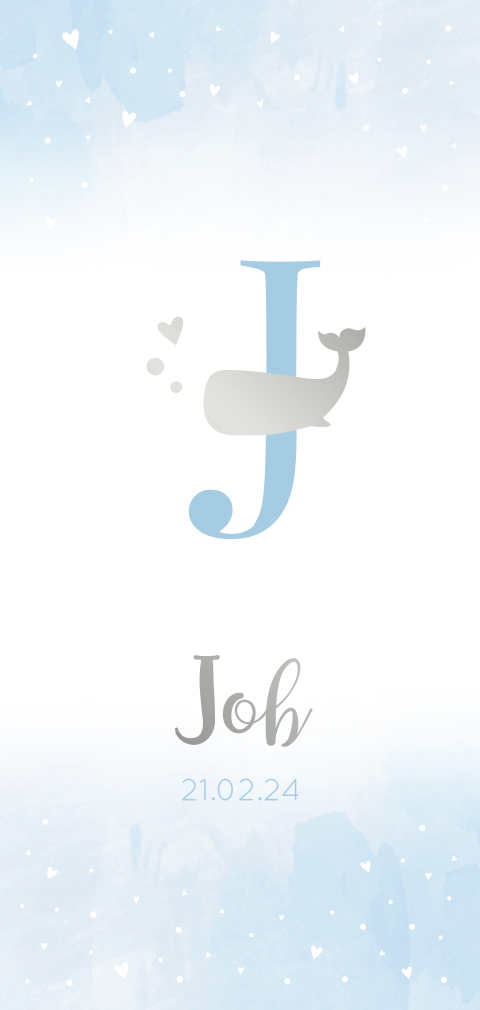 Geboortekaartje jongen watercolor met walvis en zilverfolie