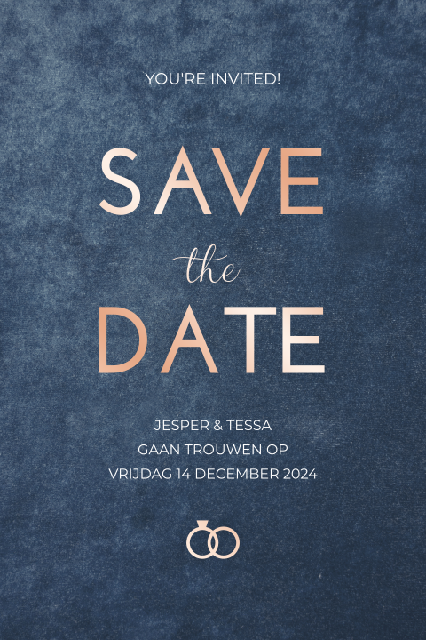 Save the date kaart blauw, velvet look en rosefolie