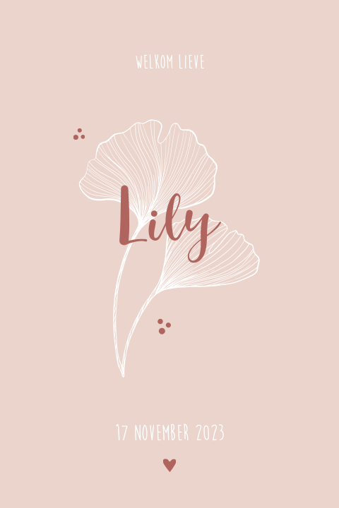 Geboortekaartje meisje oud roze botanisch met blaadjes