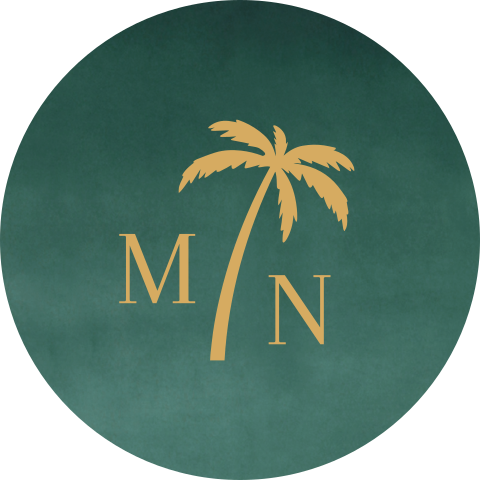 Sluitsticker trouwkaart Melissa & Nick groen velvet initialen palmboom