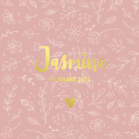 Geboortekaartje meisje roze met bloemenpatroon en goudfolie