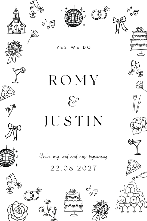 Trouwkaart modern tekeningen zwart wit
