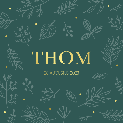 Geboortekaartje jongen donkergroen botanisch met foto & goudfolie