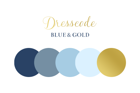 Dresscode kaartje bruiloft kleurenschema blauw goud
