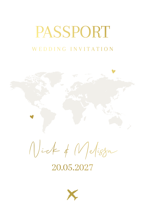 Trouwkaart paspoort reizen bruiloft wit goudfolie