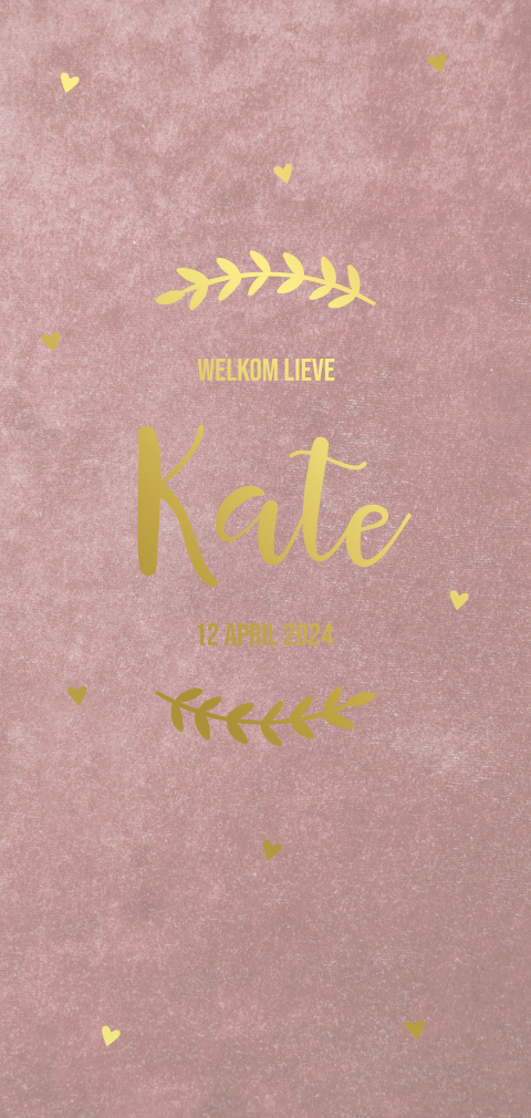 Geboortekaartje meisje velvet achtergrond roze goudfolie hartjes